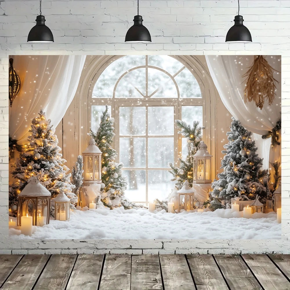 Christmas Decorations Backgrounds for Photographs White Curtain Window Xmas Tree Indoor Decor Family Portrait Photo Backdrops