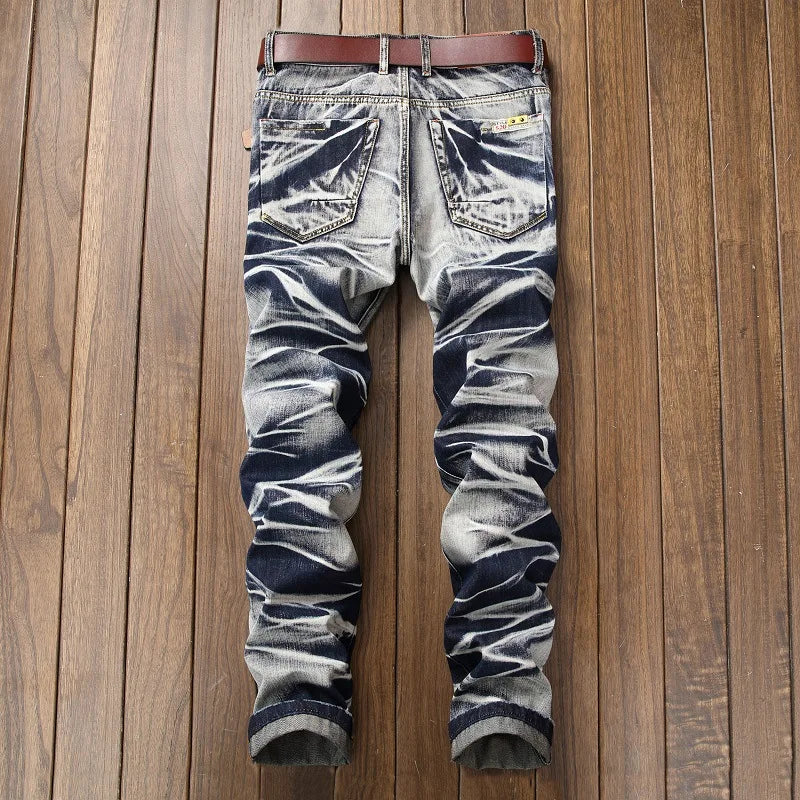 2025 Men's Fashion Vintage Jeans Slim Straight Leg Tie Dye Pleated Biker Denim Pants Male Casual Pants Oversized 42 High Quality