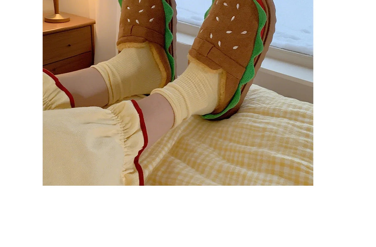 Women's Home Slippers Winter Warm Fuzzy Hamburger Slippers Funny Cute Indoor Rug Flat-Soled Home Shoes Plush Home Slippers