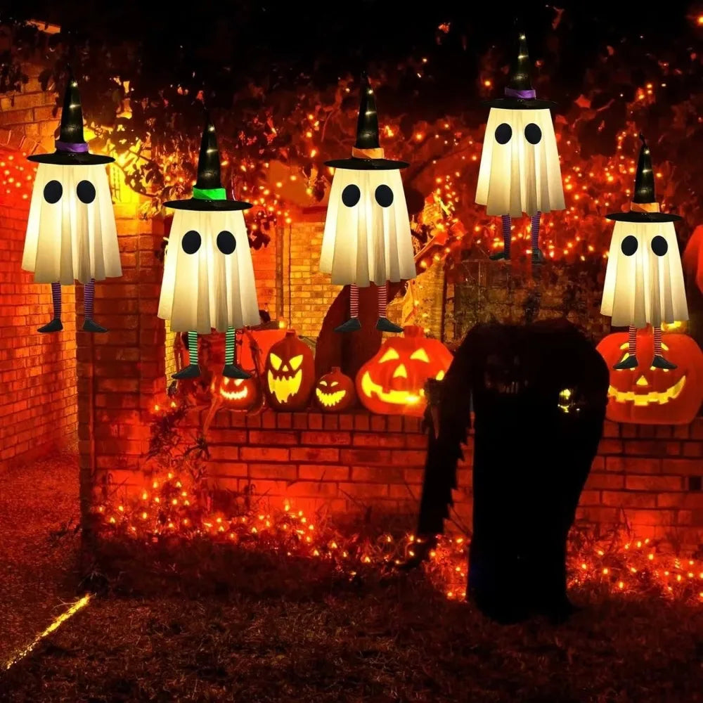 Scary Luminous Halloween Hanging Ghost Floating Flashing Halloween Hanging Ornament with Witch Hat LED Specter Outdoor