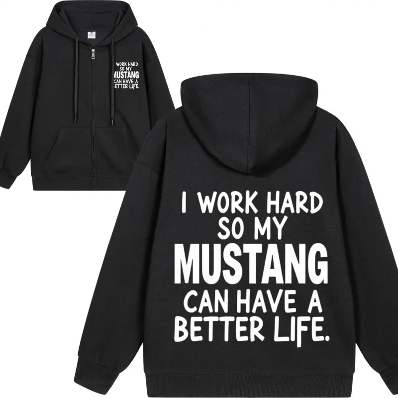 Men's Hooded Jacket Black Mustang Text Print Casual Daily Wear Fashion Streetwear Top Quality Comfortable Sweatshirt