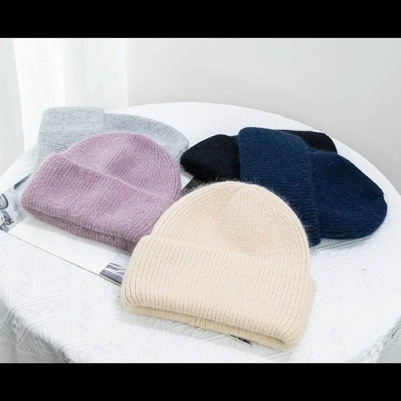 Winter Hats For Women Rabbit Fur Knitted Beanies Curled Thickened Keep Warm Bonnet Baggy Cap Female Soft Beanie Ski Cap