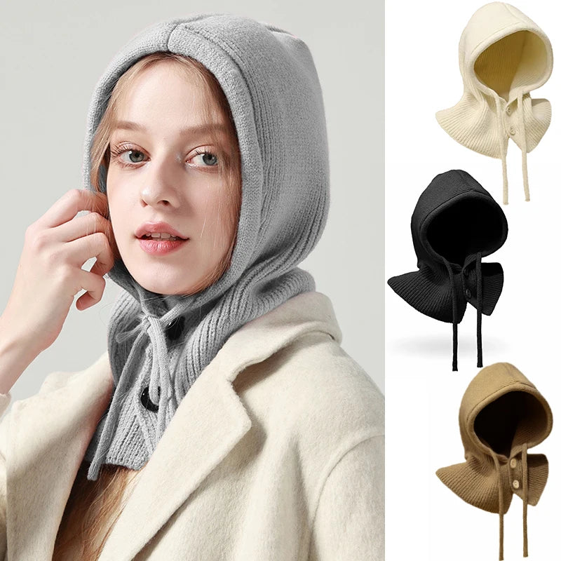Fashion Winter Hats Scarf Set Wool Knitted Hooded Caps Balaclava Neck Warmer Scarf Shawl Gothic Pullover Hat Beanies Bonnet