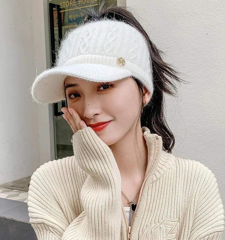 Winter Warm Headband Hat With Brim Thick Knit Cap Ponytail Hole Ponytail Opening Ear Covers Fashion Fashion Knit Hat Accessories