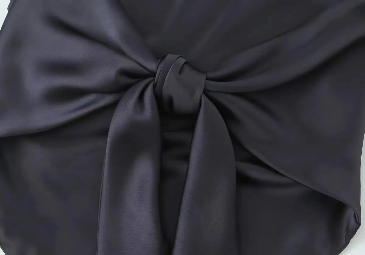 HH Elegant Solid Silk Texture Suit For Women Backless Lace Up Tube Top+High Waist Wide Leg Pants Women's Summer Fashion Set