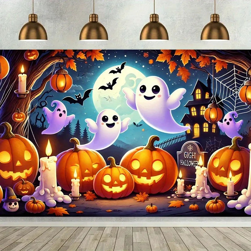 Spooky Halloween Background: Ghosts, Pumpkins & Candles for a Hauntingly Fun Decor! Tapestries,holiday party decoration