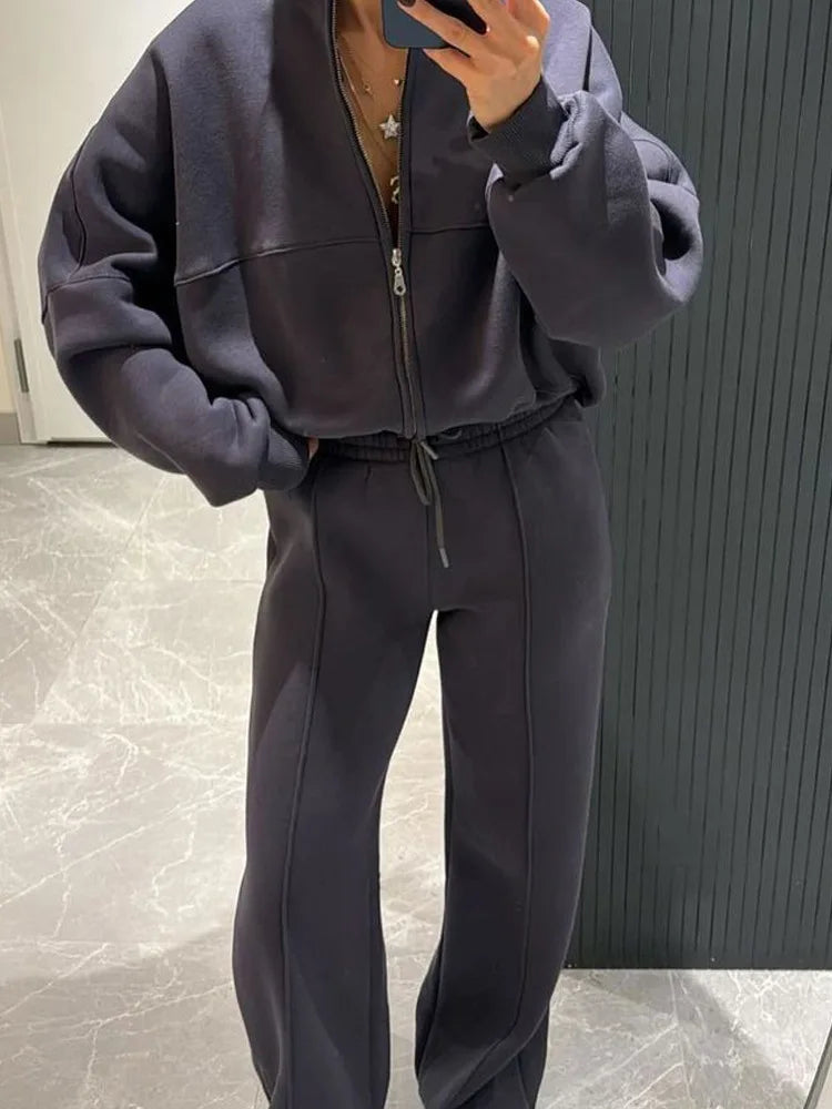 Women Sweatsuit Set Vintage O-neck Zipper Bomber Jackets High Waist Loose Pants Suit Female 2025 Spring Fashion Lady Sportswear