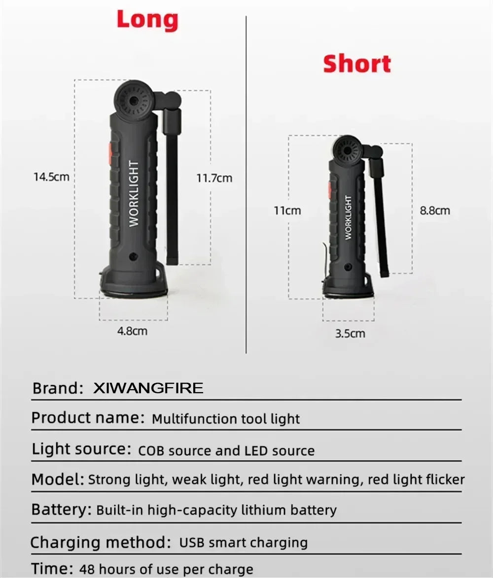COB LED Work Light Dimmable USB Rechargeable LED Flashlight Inspection Lamp With Magnetic Hook Power Bank 18650 Battery Torch