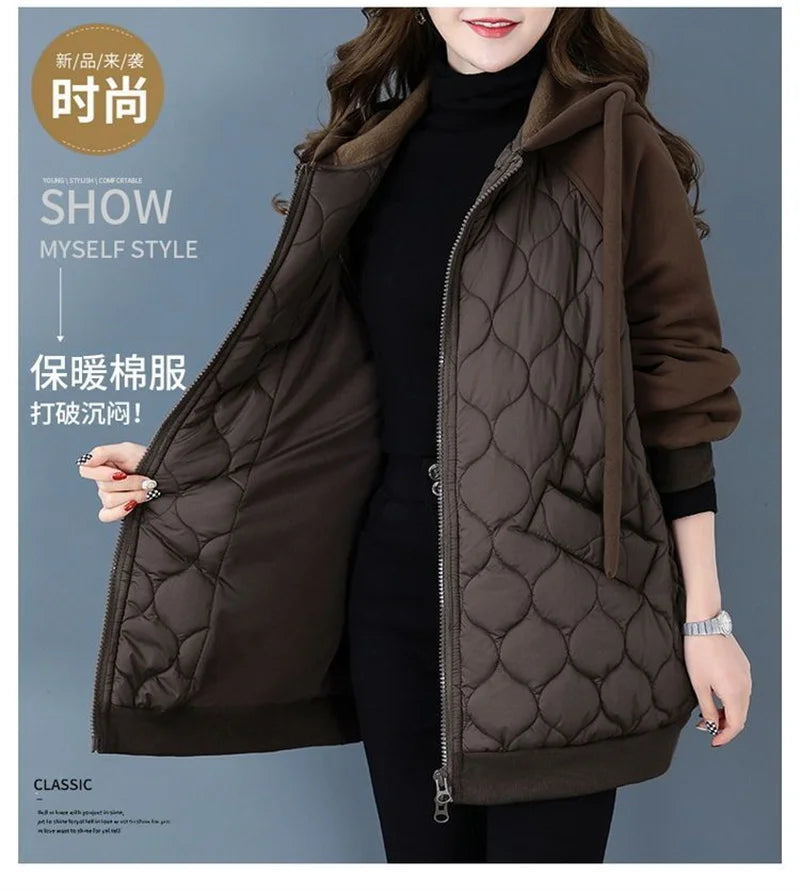 Autumn/Winter Jacket Women Hooded Splice Down Cotton Coat 2023 European Station Large Size Loose Cotton Jacket Female Outerwear