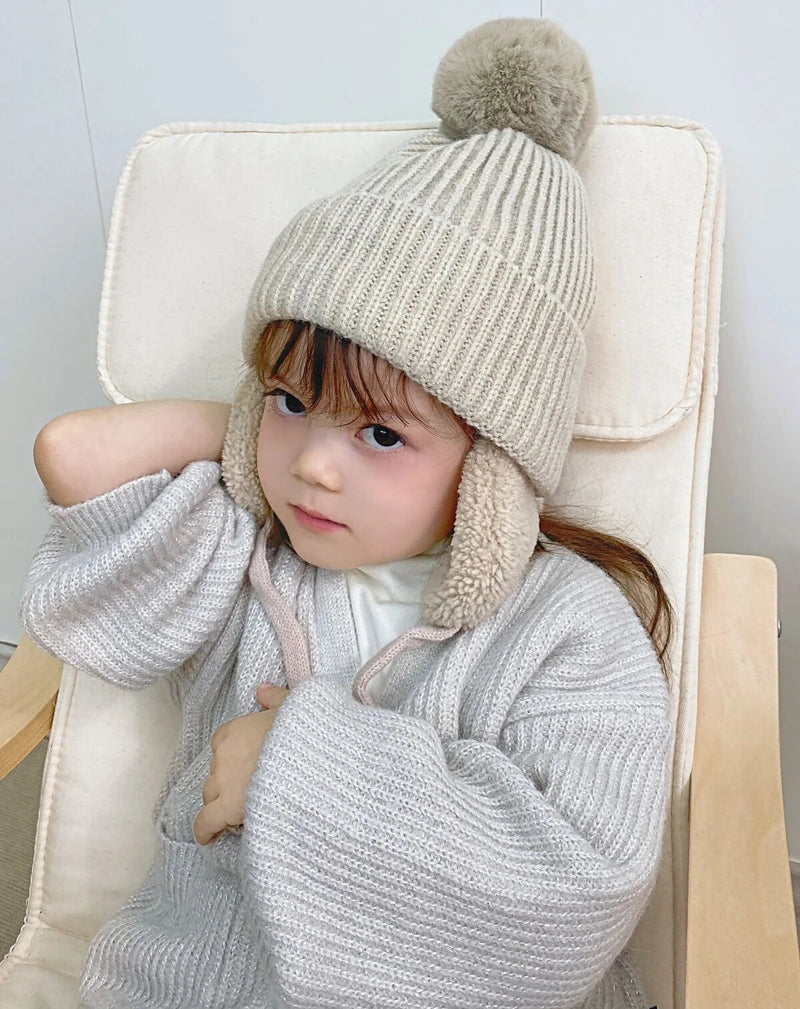 Winter Baby Knitted Hat Skiing Infant Bonnet Plush Lining Kids Beanie Protect Ears Children Cap for Boys Girls Accessories 2-6Y