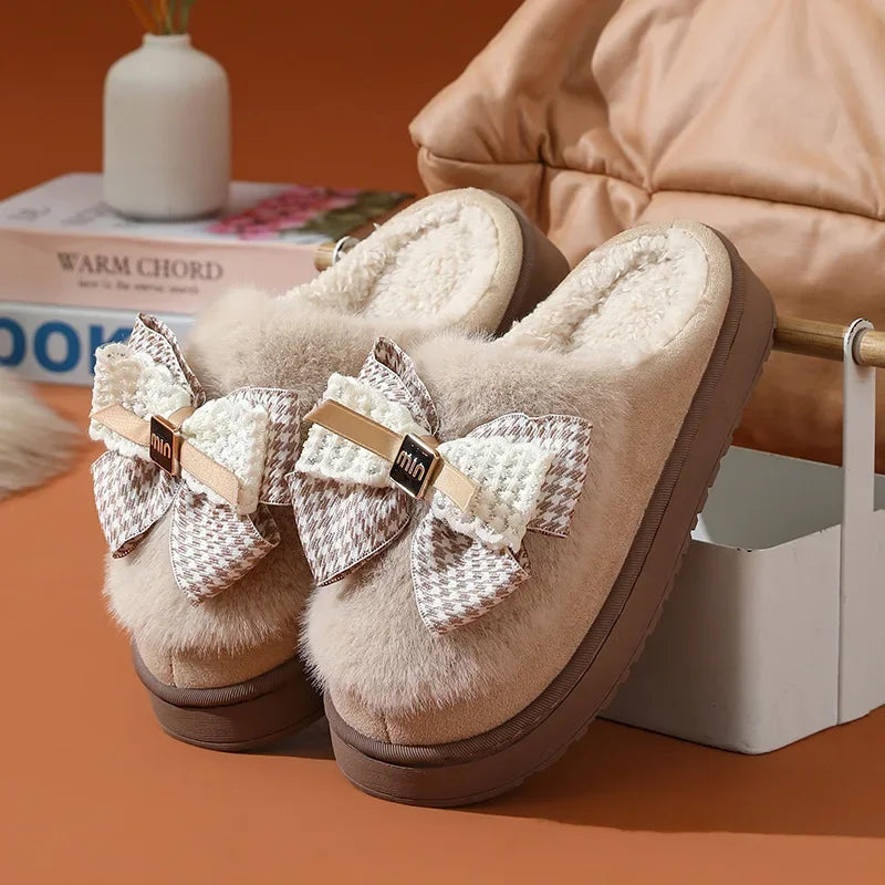 2025 Winter Women's Warm Slippers - Cute Bow Non-Slip Plush House Shoes, Thick Sole Fuzzy Indoor Bedroom Slippers for Home