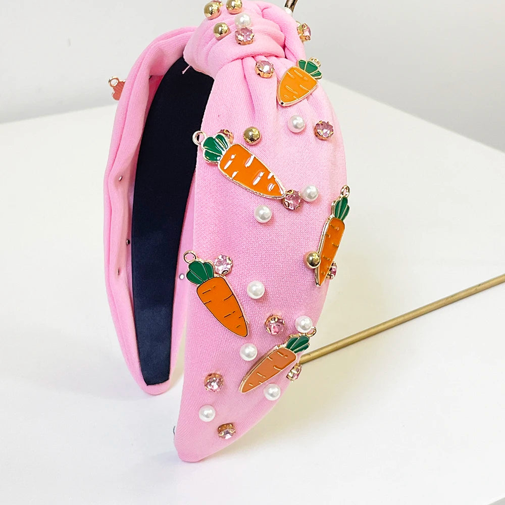 Easter Kids Girls Pink Carrot Egg Rhinestone Knot Hairband Headband Adult Hair Accessories Hair Jewley