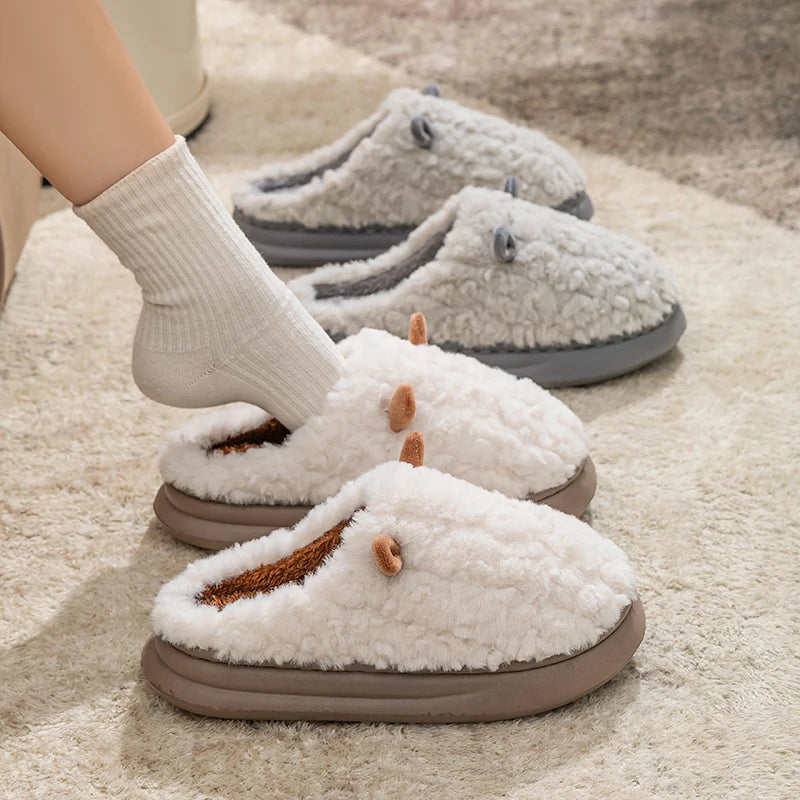 Winter Home Slippers Men Shoes Cute Cartoon Flat Platform Slippers Women Warm Plush Slides Indoor Bedroom Non-Slip Floor Slipper