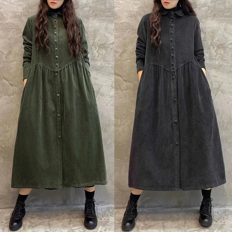 Jacket Women Corduroy Coat Long Jackets Single Breasted Turn Down Collar Street Outerwear Autumn Winter Thick Vintage Overcoat
