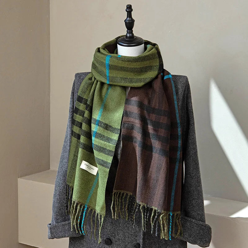 Autumn and Winter New Arrival Tassel Long Scarf Striped Fashion Cowl Neck Warm Fuzzy Color Block Wrap