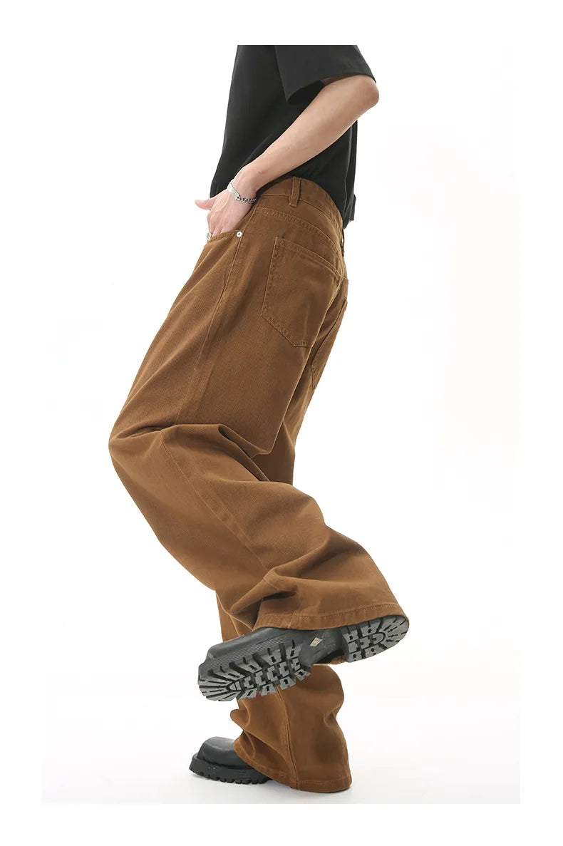 White Men Fashion Straight Loose Jeans Korean Style Mid High Denim Summer Versatile Wide Leg Trousers 2025 New Male Street Red