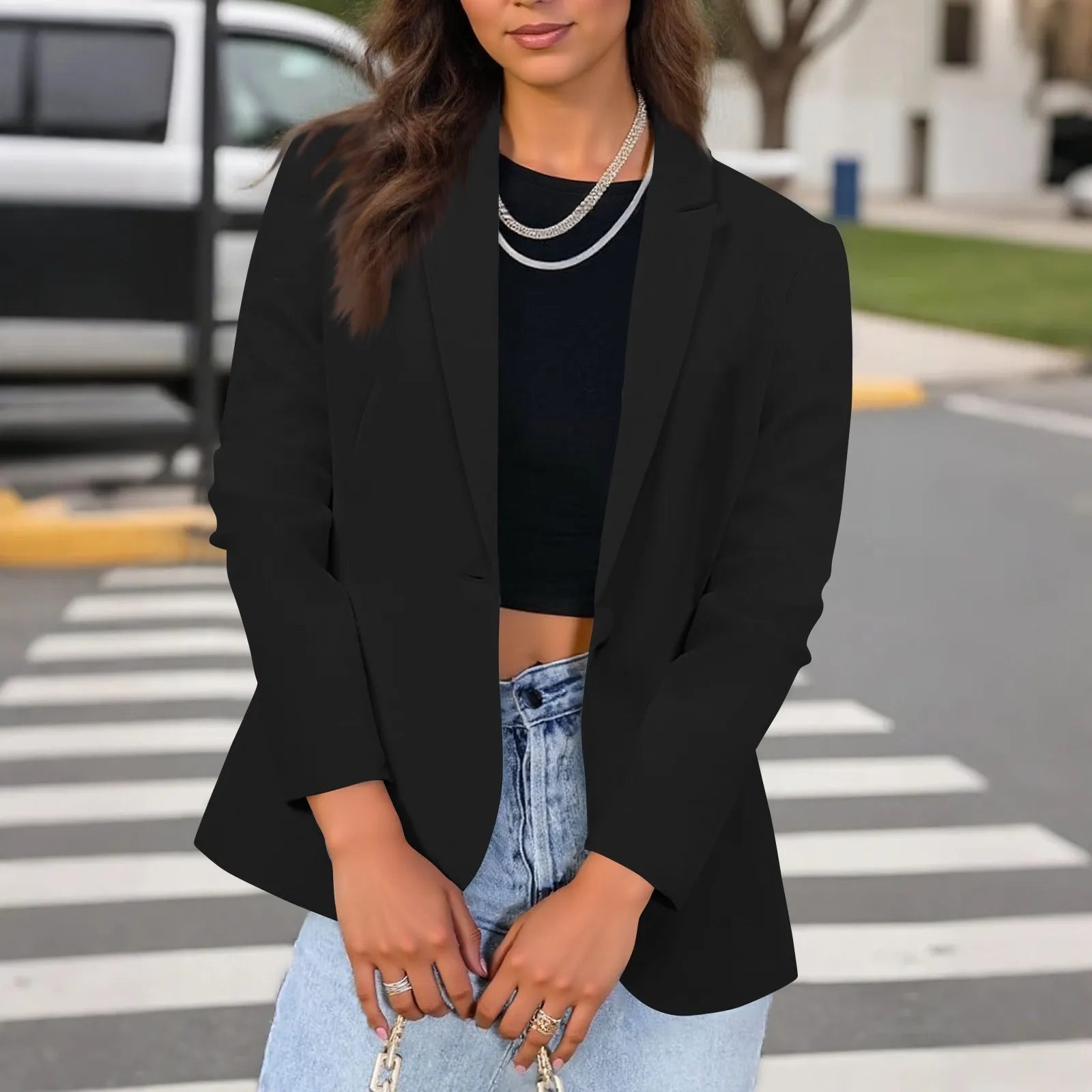 Casual Suit Jacket for Women Fashion Solid Color Long-sleeved Suit Collar Blazer Business Casual Single-button Cardigan Jacket