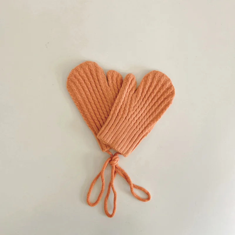 Winter Wool Children Mittens with Straps Knitted Finger Warmer Gloves for Girls Boys Solid Color Kids Accessories 4-10 Years Old