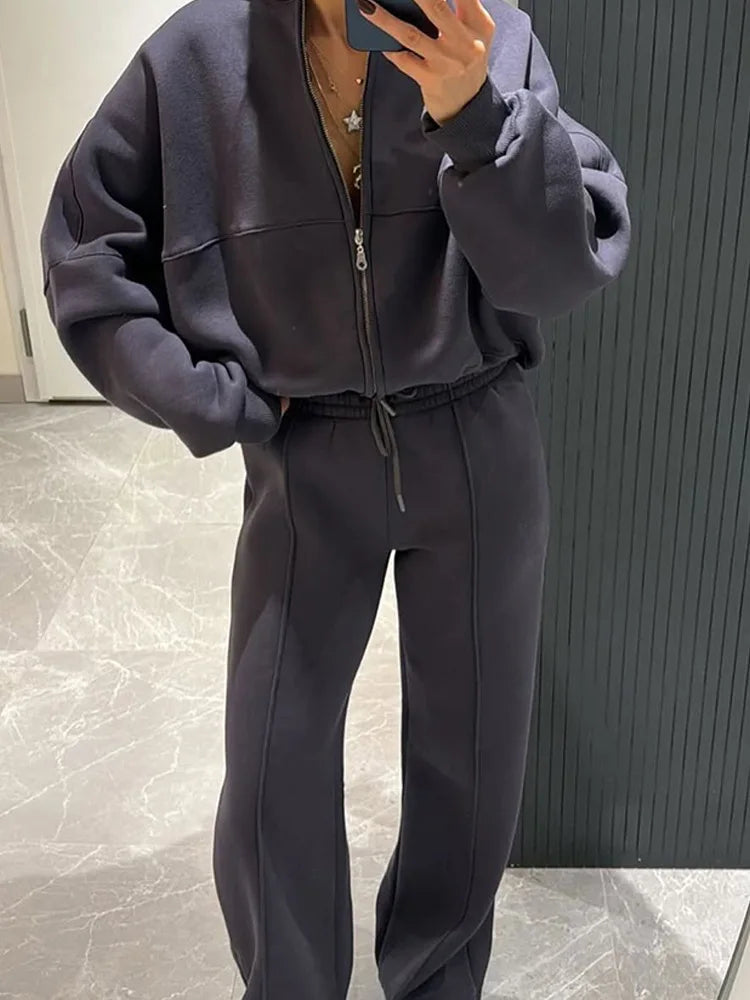 Women Sweatsuit Set Vintage O-neck Zipper Bomber Jackets High Waist Loose Pants Suit Female 2025 Spring Fashion Lady Sportswear