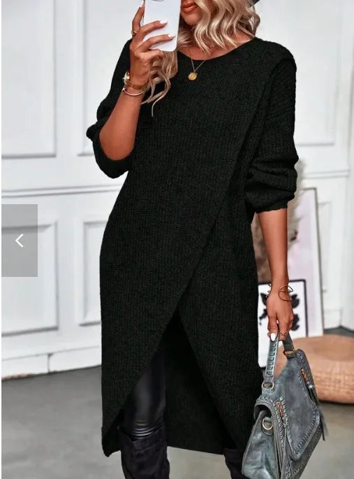 Womens Long Knitted Sweater Dress 2025 Autumn Winter Warm Fur Jumpers Casual Solid Loose Knit Midi Dress Lady Work Pullovers