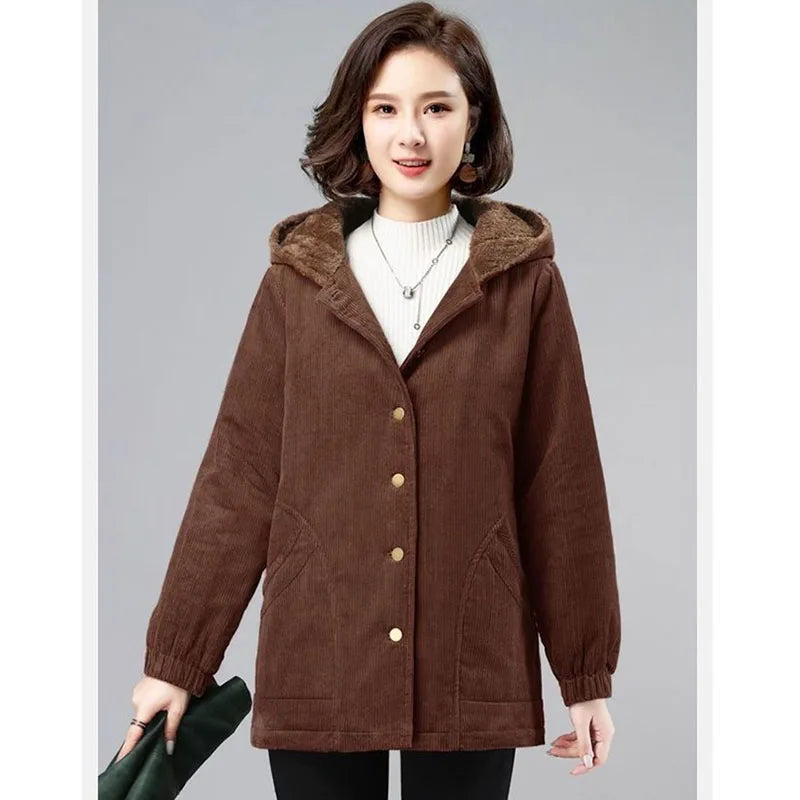 Women Corduroy Jackets 2025 New Autumn Winter Solid Loose Coat Female Casual Middle-Aged Plus Velvet Warm Hooded Ladies Overcoat