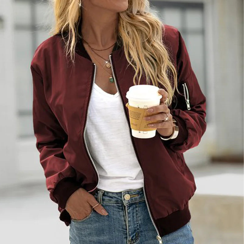 Women Fashion Casual Jacket 2025 Autumn Solid Color Spring Coat Long Sleeve Stand Collar Zipper Basic Women Motorcycle Jackets