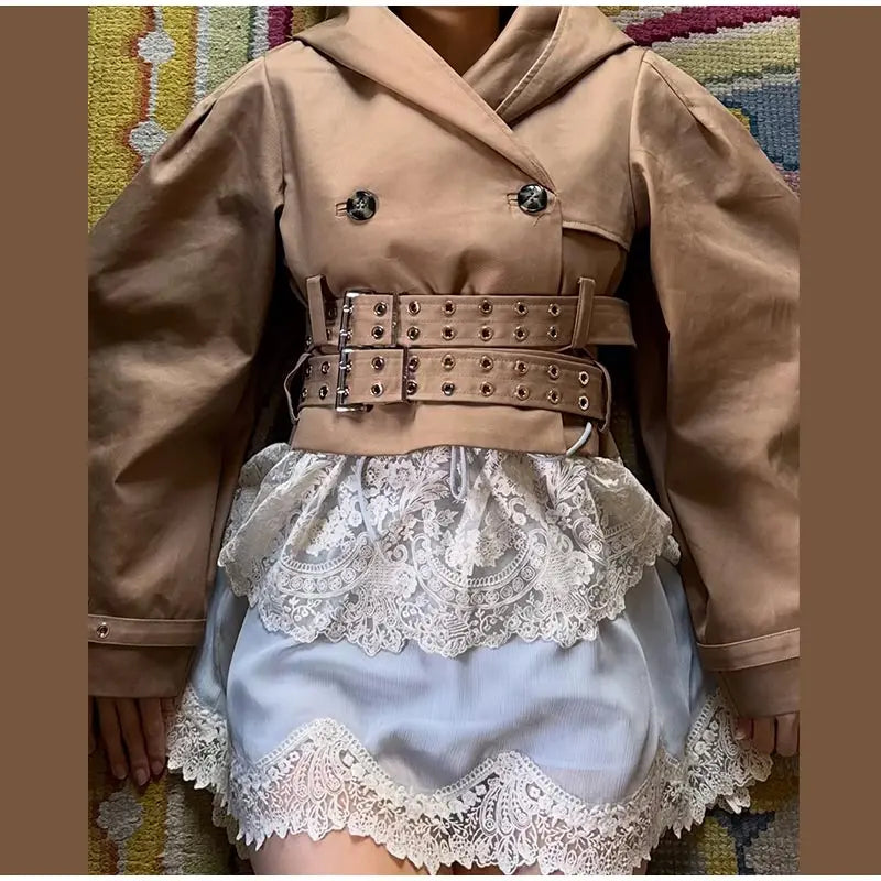 Women's Jacket Chic Double Belt Hooded Full Sleeve Button Female Female Jackets 2025 Autumn Fashion High Street Lady Outwears