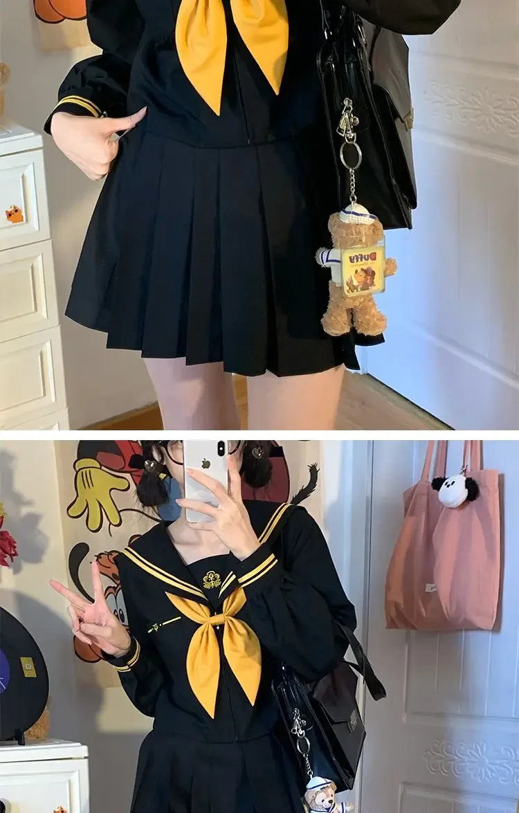 Japanese School Uniform Girls Plus Size Jk Suit Role Play High School Yellow Tie Black Basic Sailor Suit Female Long Sleeve Suit
