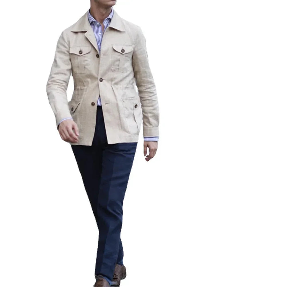 Mens Coats Safari Jacket Linen British Retro Gentry Suit Pockets Outerwear Fashion Solid Color Male Tops Ropa Hombre