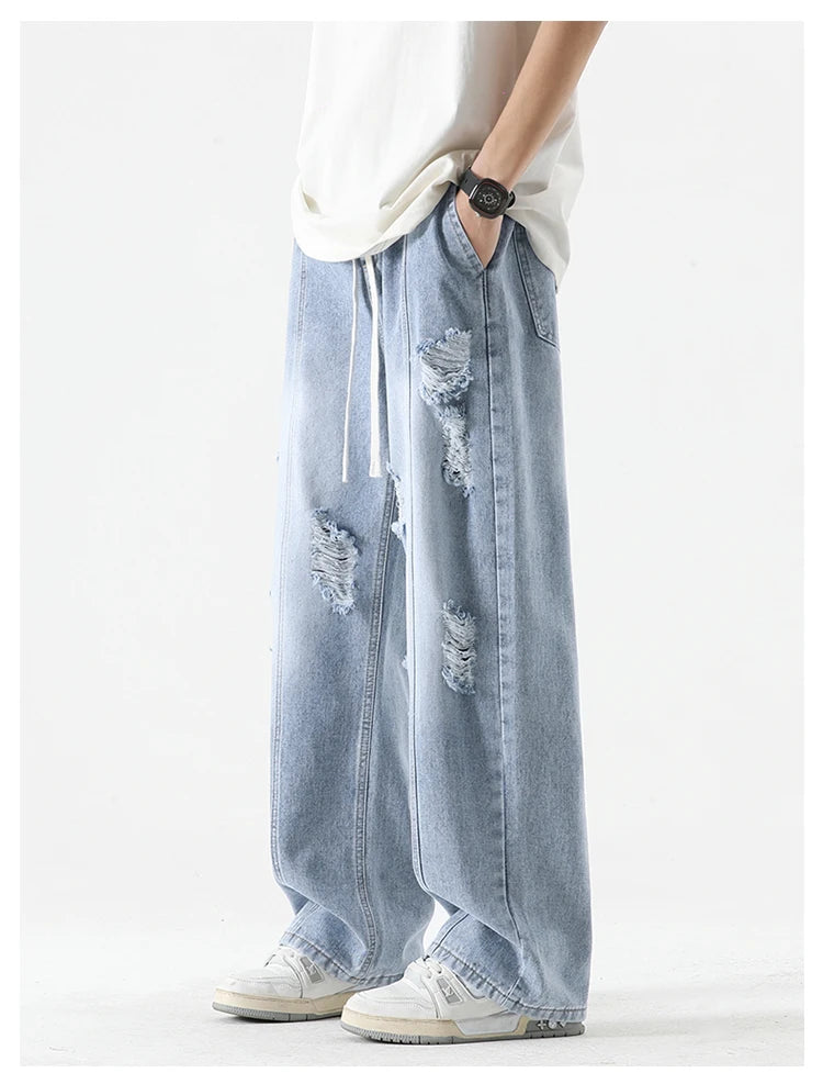 Men's Summer Ripped Jeans Loose Straight Leg Retro Men Draw Rope Port Fashion Brand All-match Casual Pants
