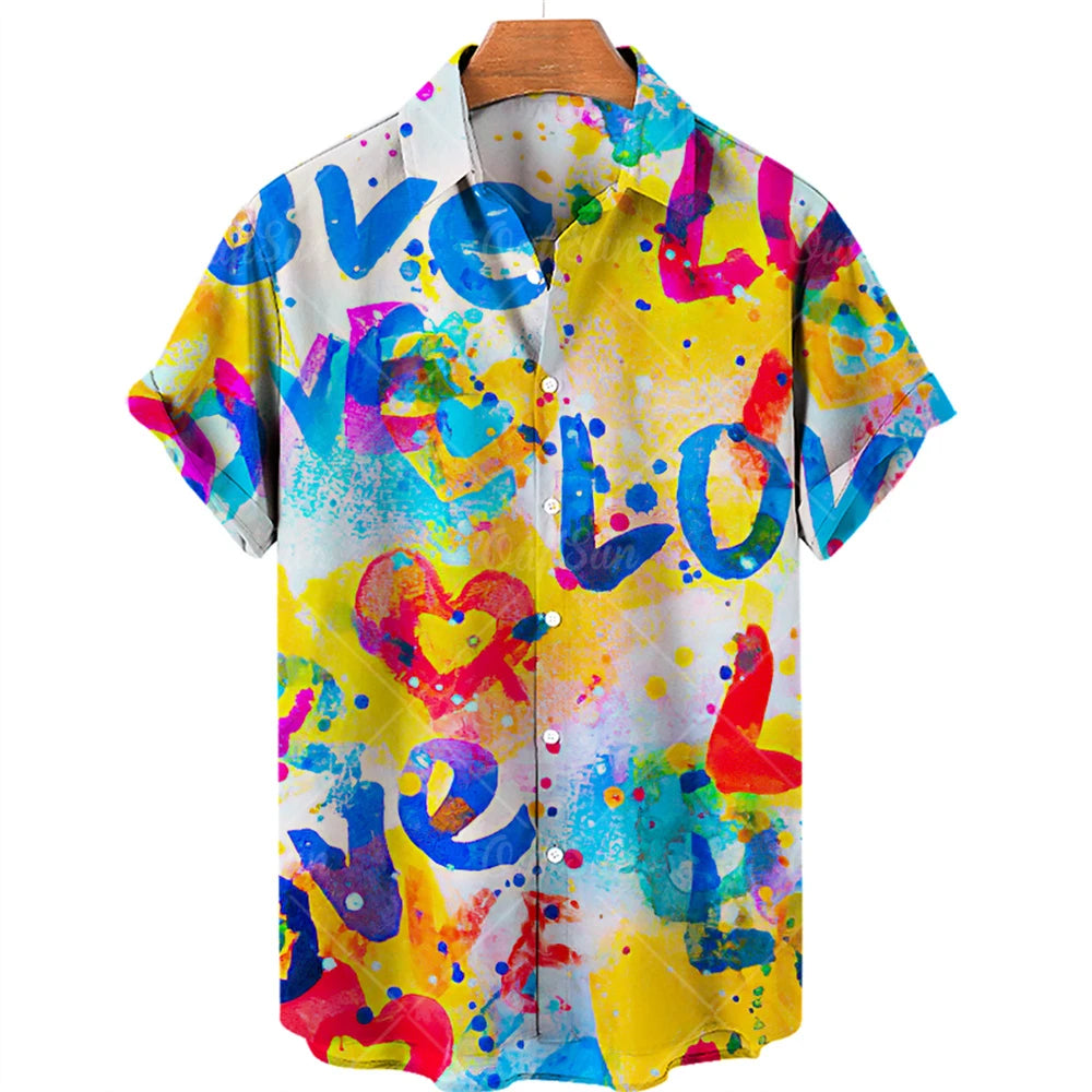 Hawaiian men's shirts, breathable, loose, with graffiti patterns of love, a popular trend in Europe and the United States cheap