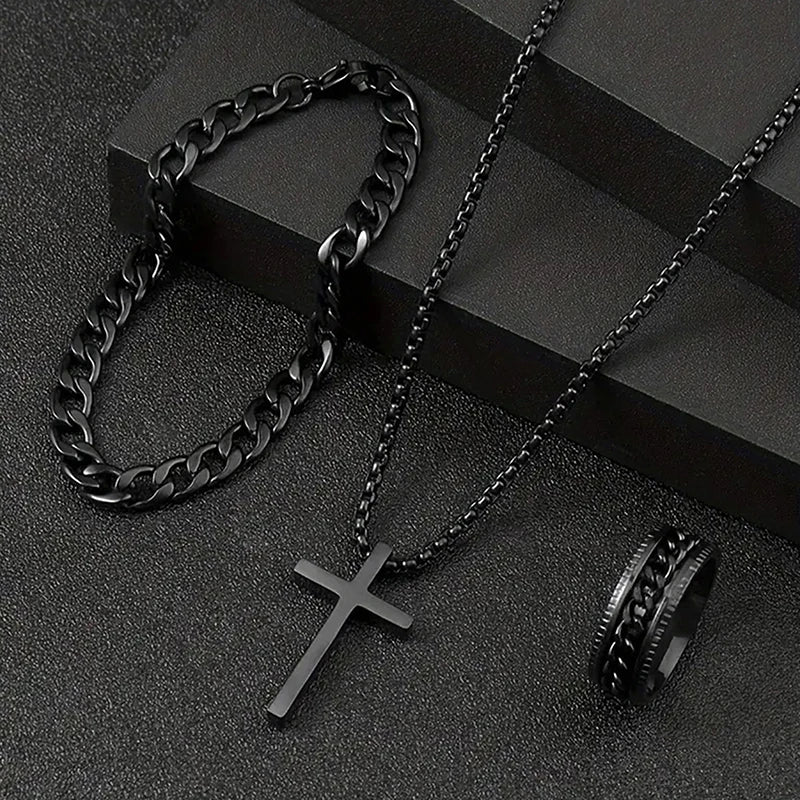 Men's Set Simple Personality Hip Hop Party Jewelry Accessories 3Pcs Punk Cross Pendant Necklace Bracelet Chain Ring