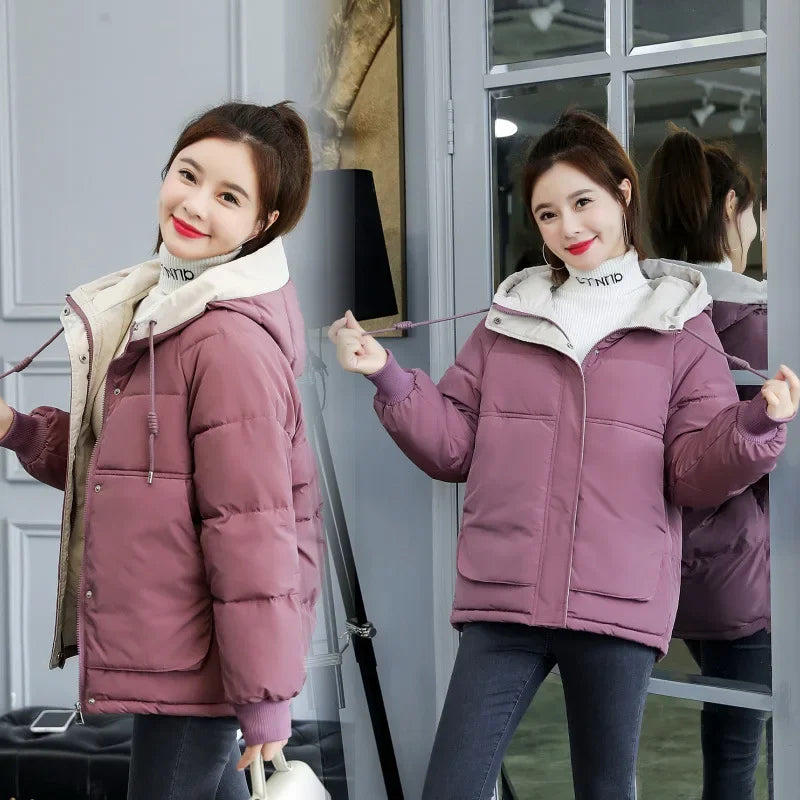 Women's Winter Jacket Cotton Padded Short Coat Ladies Students Long Sleeved Hooded Warm Outwear