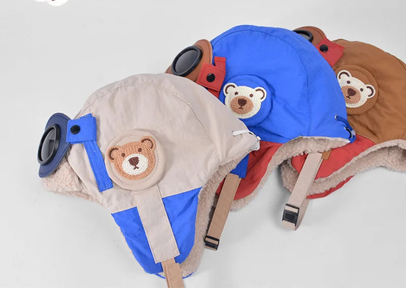 Winter Kids Skiing Hat with Detachable Goggles Kids Beanie Protect Ears Fleece Lining Children Bonnet Cap for Boys Girls 4-12Y