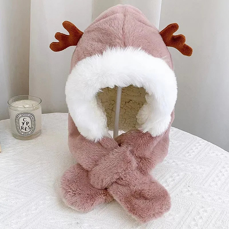 Winter Kids Hat for Boy Girl Cartoon Deer Antler Scarf One-Piece Faux Fur Baby Bonnet Thicken Infant Earflap Cute Christmas Gift