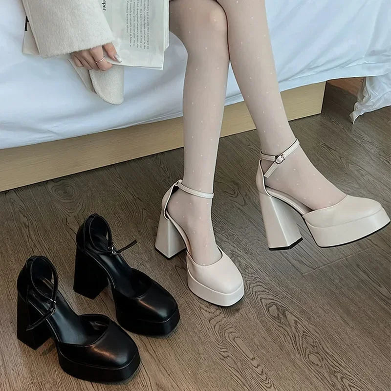Outdoors Women's Shoes Platform Solid Color New 2024 Hot Sale summer Shallow Mouth Buckle Round 9cm high heels Shoes for Women