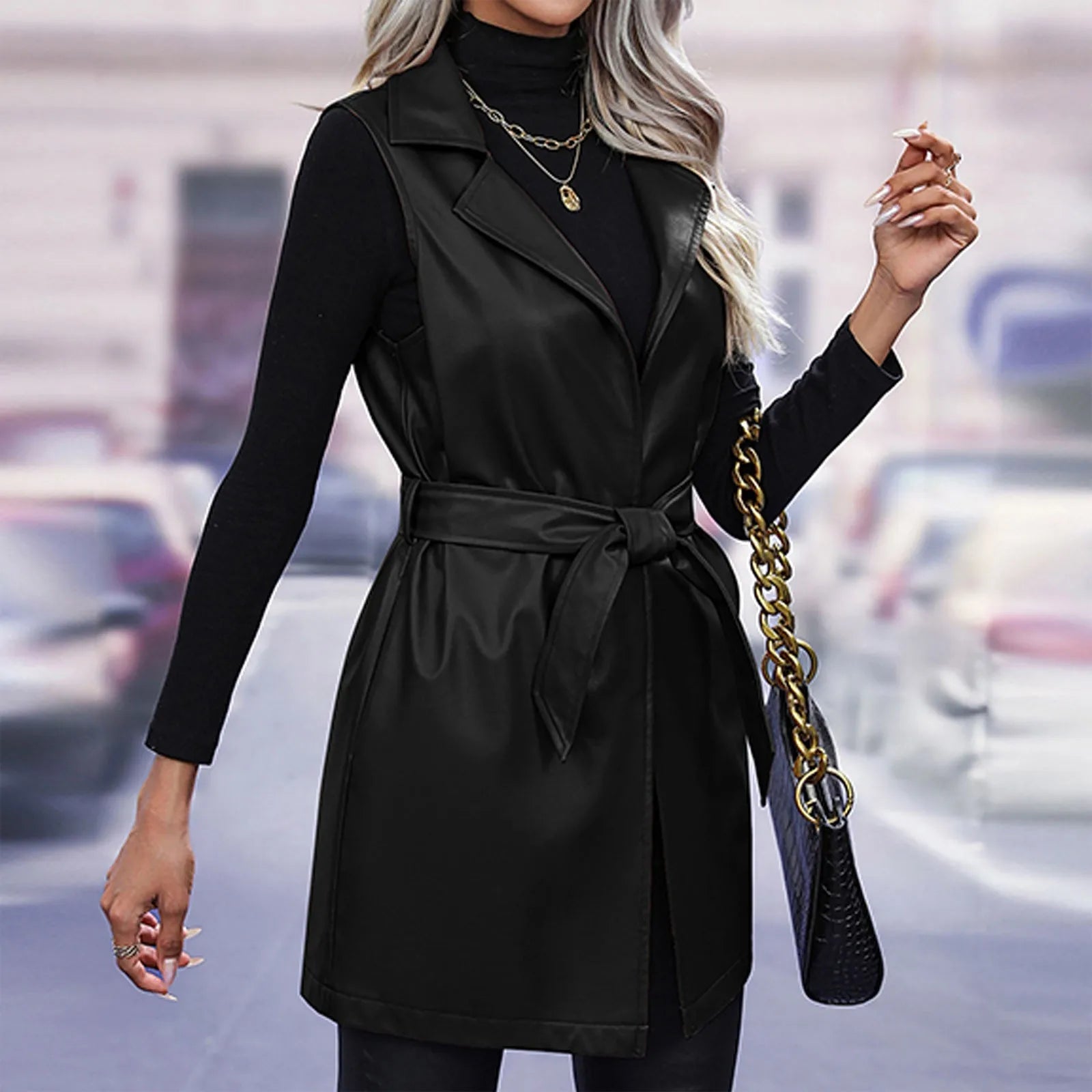 Women Jackets Fashion Leather Vest Sleeveless Coat Suit Collar Slim Spring Autumn Windbreaker Coat For Outdoor Daily Wear