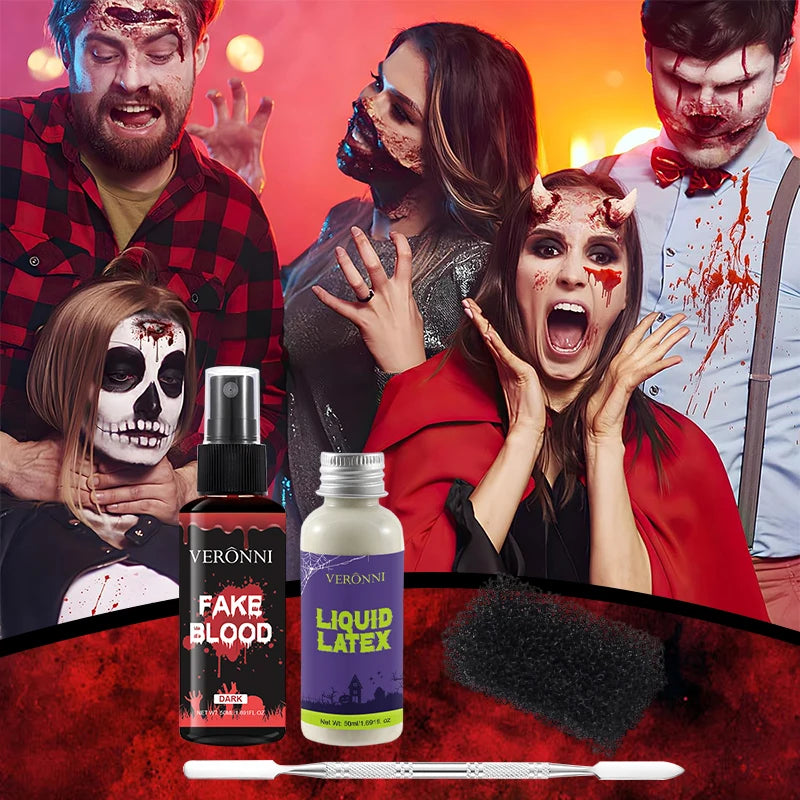 Halloween Makeup Kit-Liquid Latex SFX Cosmetic,Realistic Fake Blood & Wax with Spatula,Washable SFX Makeup for Halloween,Cosplay