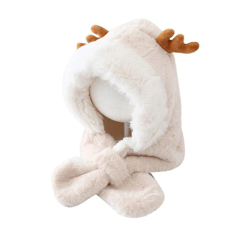 Winter Kids Hat for Boy Girl Cartoon Deer Antler Scarf One-Piece Faux Fur Baby Bonnet Thicken Infant Earflap Cute Christmas Gift