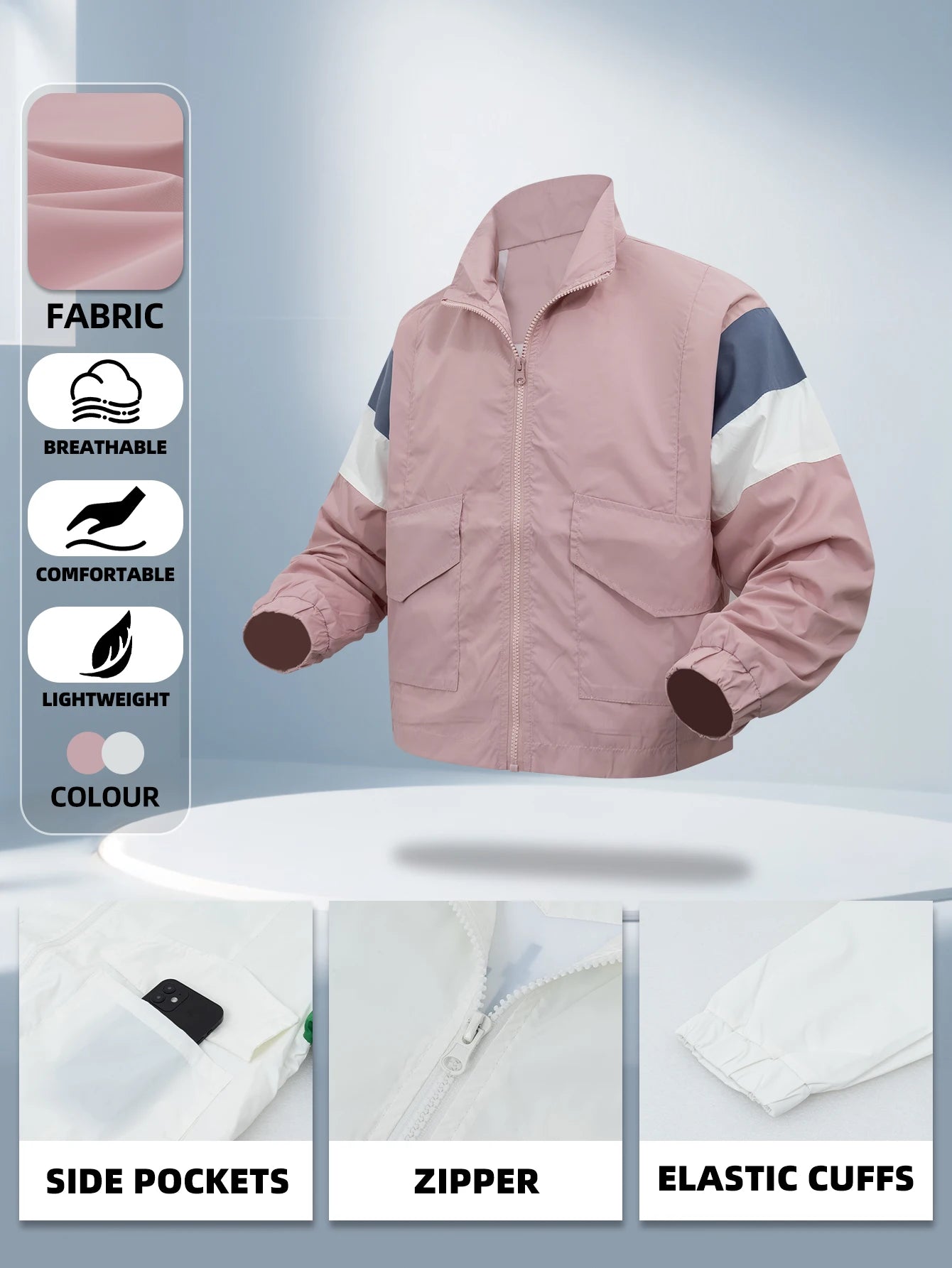 Women's Casual Jacket Color Block Windbreaker Coat Cropped junior Boomber Jacket Long Sleeves Patchwork Outerwear