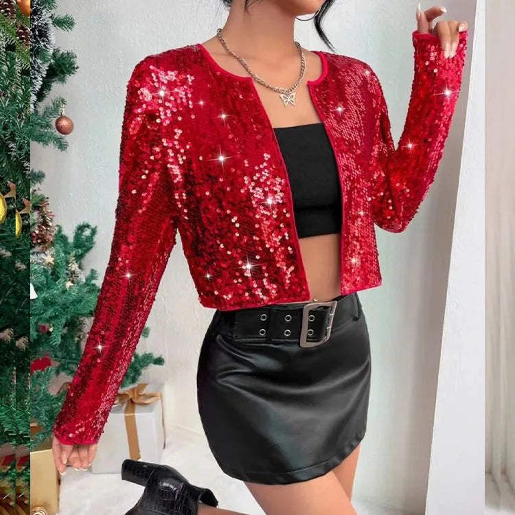 Women's Fashion Stage Top Jacket Red Coats Trendy Rock Style Round Neck Short Sequined Outerwear Куртки Gothic Clothes Women