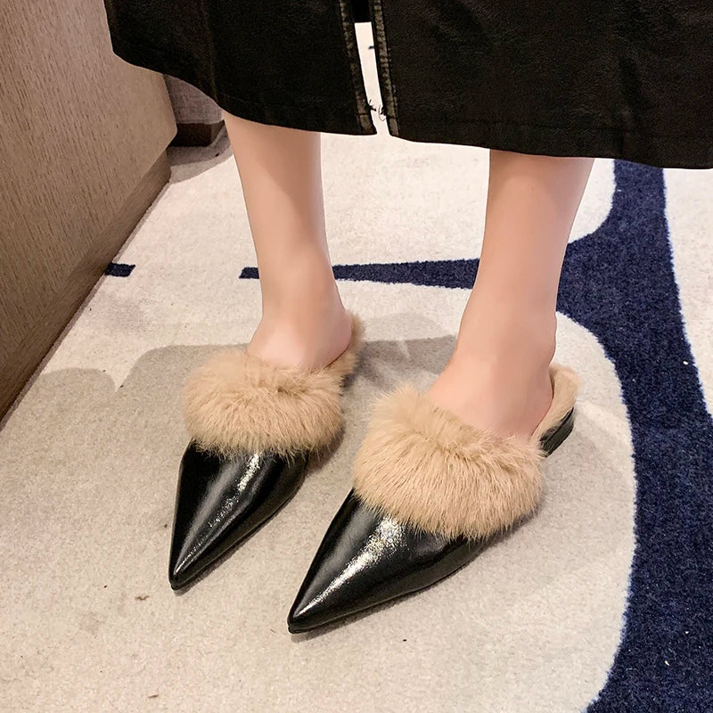 2025 New Shoes for Women House Slippers Platform Fur Flip Flops Slides Loafers Cover Toe Low Plush New Flat Basic Женская Обувь