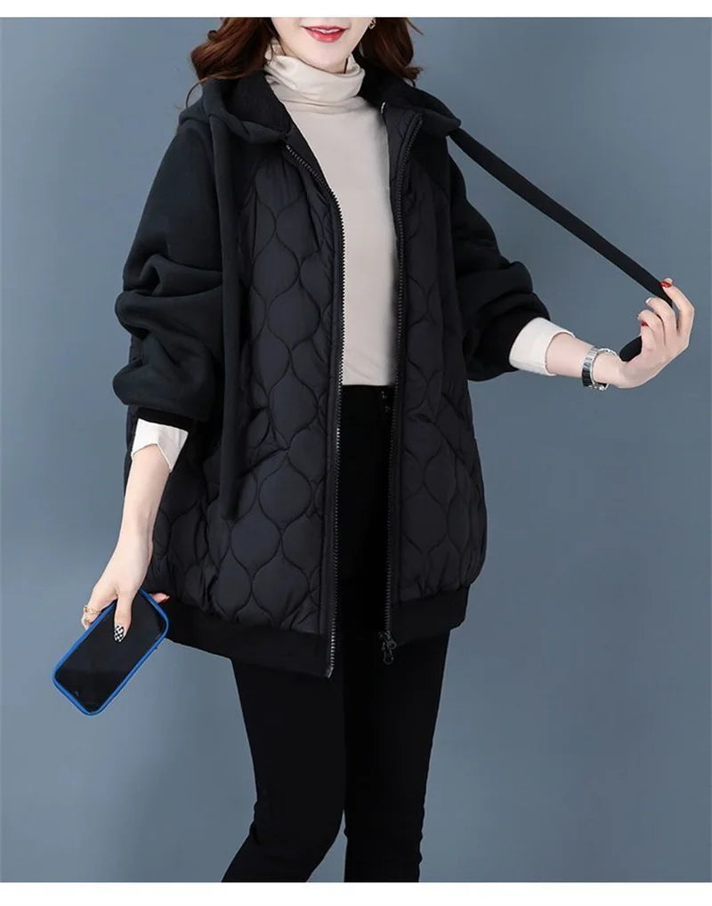 Autumn/Winter Jacket Women Hooded Splice Down Cotton Coat 2023 European Station Large Size Loose Cotton Jacket Female Outerwear