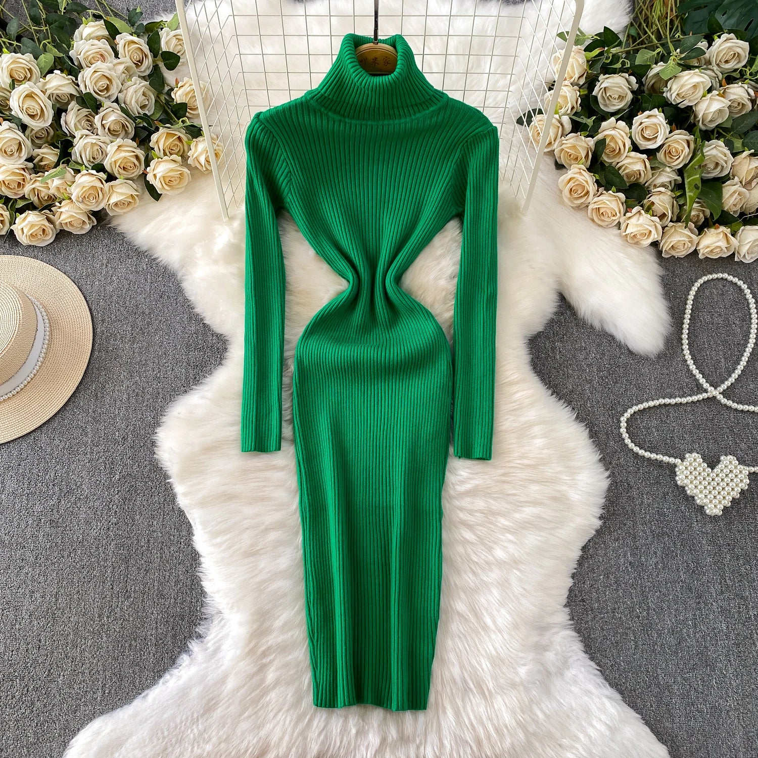 Women Winter Turtleneck Knittign Dress Stretch Slim Long Sleeve Soft Knitwear Dresses Female Casual Lining Simple Bottom Vestido