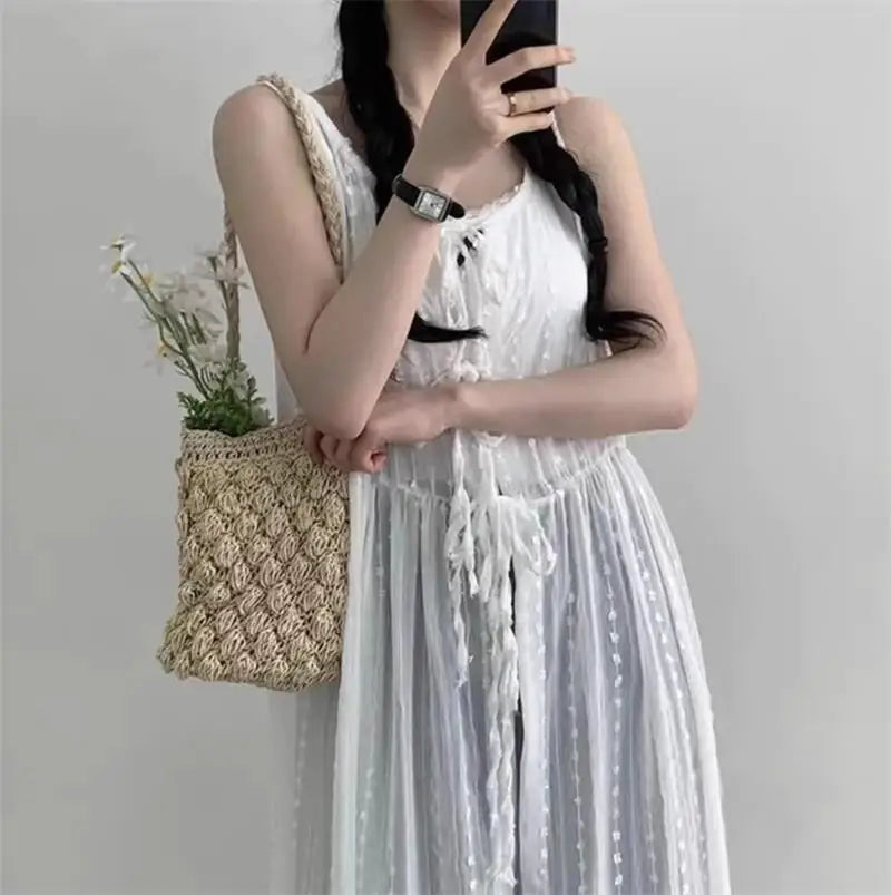 Embroidered Dress for Women in Summer Thin Lace up Layered Vest Long Cover Skirt