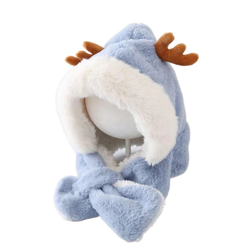 Winter Kids Hat for Boy Girl Cartoon Deer Antler Scarf One-Piece Faux Fur Baby Bonnet Thicken Infant Earflap Cute Christmas Gift