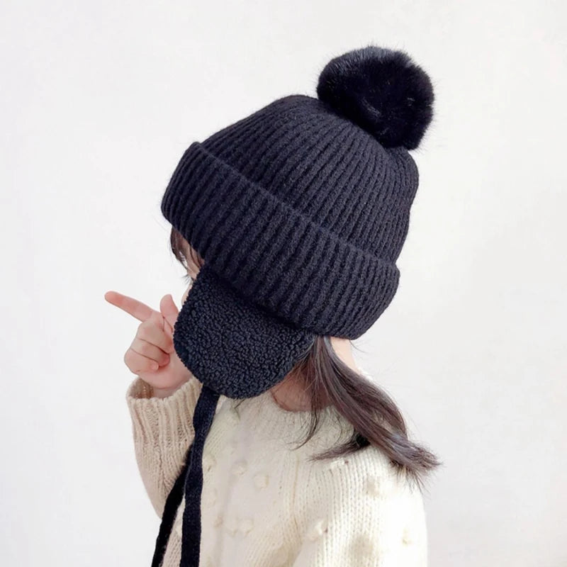 Winter Baby Knitted Hat Skiing Infant Bonnet Plush Lining Kids Beanie Protect Ears Children Cap for Boys Girls Accessories 2-6Y