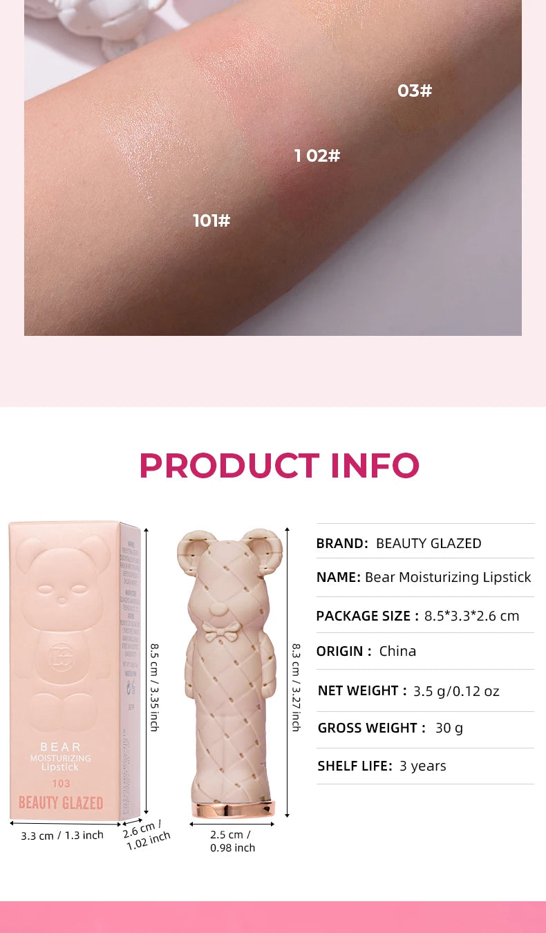 Beauty Glazed Bear Moisturizing Lipstick,Colored Lip Balm,Nourishing Lip stick,Easy To Color,Watery