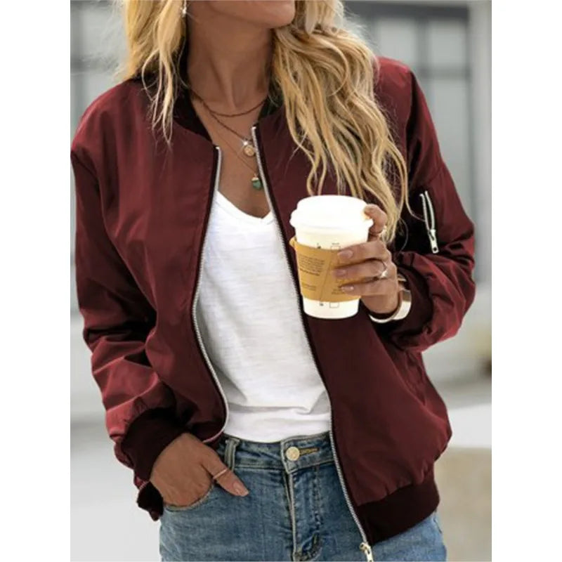 Women Fashion Casual Jacket 2025 Autumn Solid Color Spring Coat Long Sleeve Stand Collar Zipper Basic Women Motorcycle Jackets