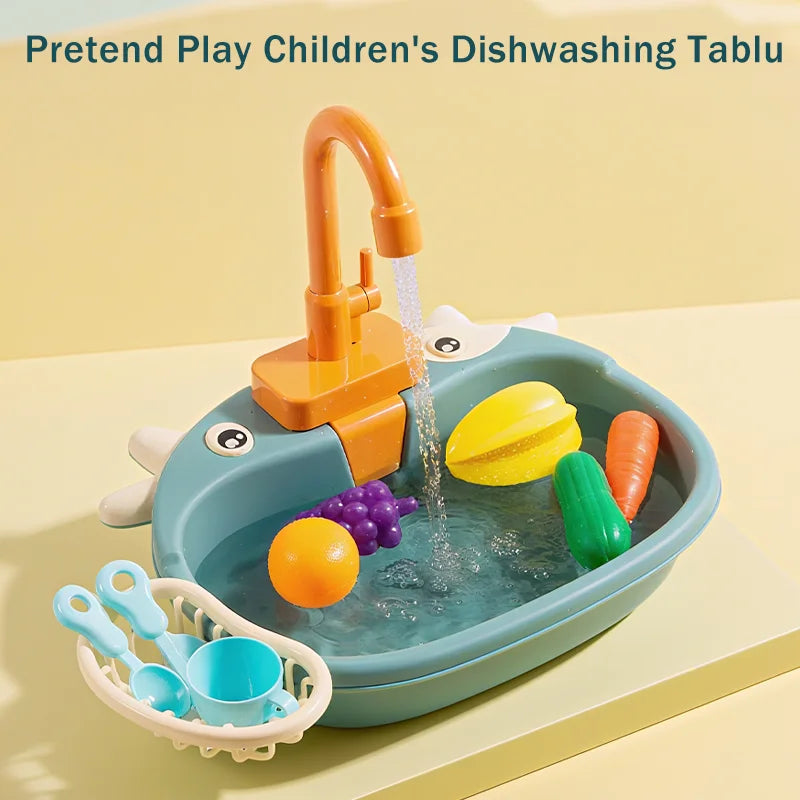 Kids Playhouse Kitchen Set Simulated Dishwasher Sink Hand Basin with Circulating Water Toddler Toys for Boys Girls and Role Play